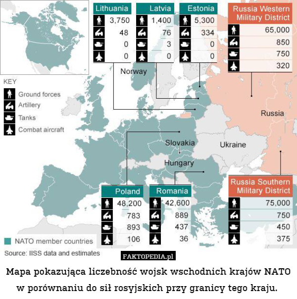 Mapa pokazująca liczebność wojsk wschodnich krajów NATO w porównaniu do sił rosyjskich przy granicy tego kraju. 