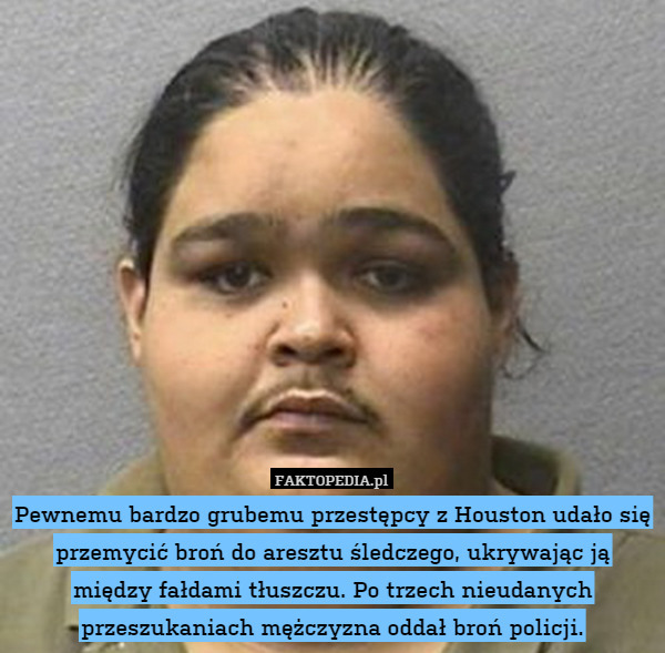 Pewnemu bardzo grubemu przestępcy z Houston udało się przemycić broń do aresztu śledczego, ukrywając ją między fałdami tłuszczu. Po trzech nieudanych przeszukaniach mężczyzna oddał broń policji. 