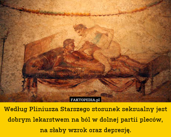Według Pliniusza Starszego stosunek seksualny jest dobrym lekarstwem na ból w dolnej partii pleców, na słaby wzrok oraz depresję. 