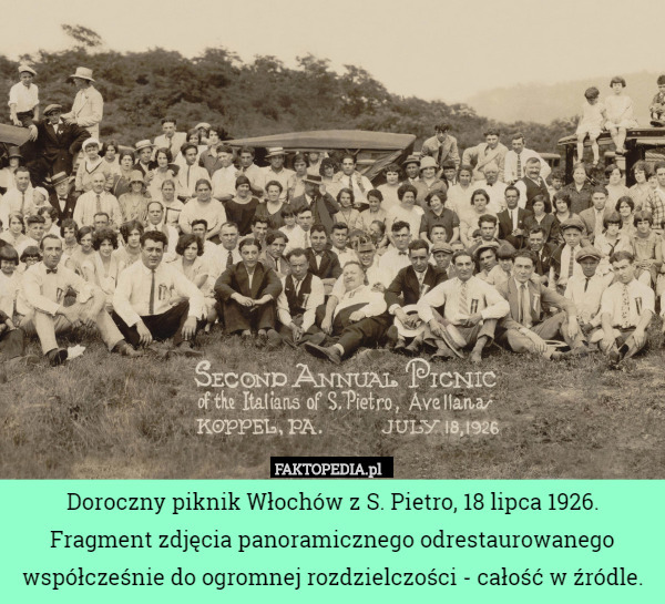 Doroczny piknik Włochów z S. Pietro, 18 lipca 1926. Fragment zdjęcia panoramicznego odrestaurowanego współcześnie do ogromnej rozdzielczości - całość w źródle. 