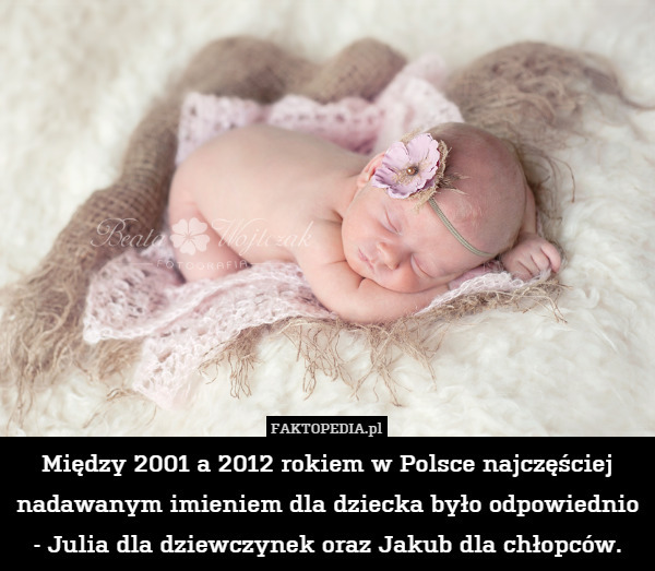 Między 2001 a 2012 rokiem w Polsce najczęściej nadawanym imieniem dla dziecka było odpowiednio - Julia dla dziewczynek oraz Jakub dla chłopców. 