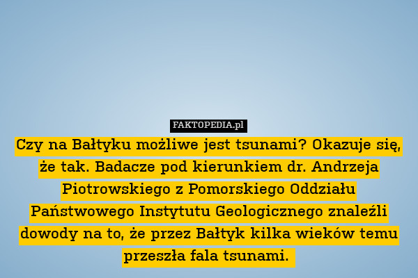 Czy na Bałtyku możliwe jest tsunami? Okazuje się, że tak. Badacze pod kierunkiem dr. Andrzeja Piotrowskiego z Pomorskiego Oddziału Państwowego Instytutu Geologicznego znaleźli dowody na to, że przez Bałtyk kilka wieków temu przeszła fala tsunami. 