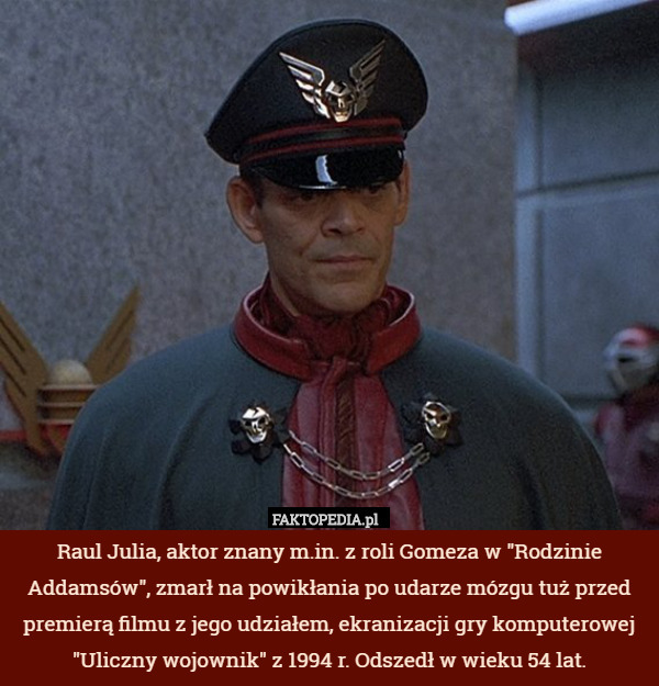 Raul Julia, aktor znany m.in. z roli Gomeza w "Rodzinie Addamsów", zmarł na powikłania po udarze mózgu tuż przed premierą filmu z jego udziałem, ekranizacji gry komputerowej "Uliczny wojownik" z 1994 r. Odszedł w wieku 54 lat. 