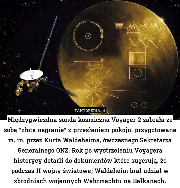 Międzygwiezdna sonda kosmiczna Voyager 2 zabrała ze sobą "złote nagranie" z przesłaniem pokoju, przygotowane m. in. przez Kurta Waldeheima, ówczesnego Sekretarza Generalnego ONZ. Rok po wystrzeleniu Voyagera historycy dotarli do dokumentów które sugerują, że podczas II wojny światowej Waldeheim brał udział w zbrodniach wojennych Wehrmachtu na Bałkanach. 