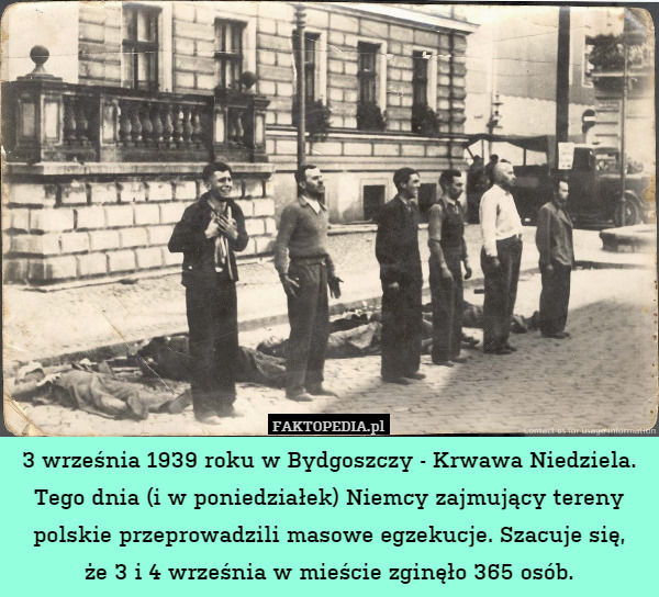 3 września 1939 roku w Bydgoszczy - Krwawa Niedziela.
Tego dnia (i w poniedziałek) Niemcy zajmujący tereny polskie przeprowadzili masowe egzekucje. Szacuje się,
że 3 i 4 września w mieście zginęło 365 osób. 