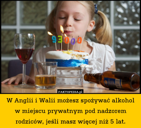 W Anglii i Walii możesz spożywać alkohol w miejscu prywatnym pod nadzorem rodziców, jeśli masz więcej niż 5 lat. 