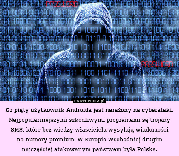 Co piąty użytkownik Androida jest narażony na cyberataki.
 Najpopularniejszymi szkodliwymi programami są trojany SMS, które bez wiedzy właściciela wysyłają wiadomości
na numery premium. W Europie Wschodniej drugim najczęściej atakowanym państwem była Polska. 