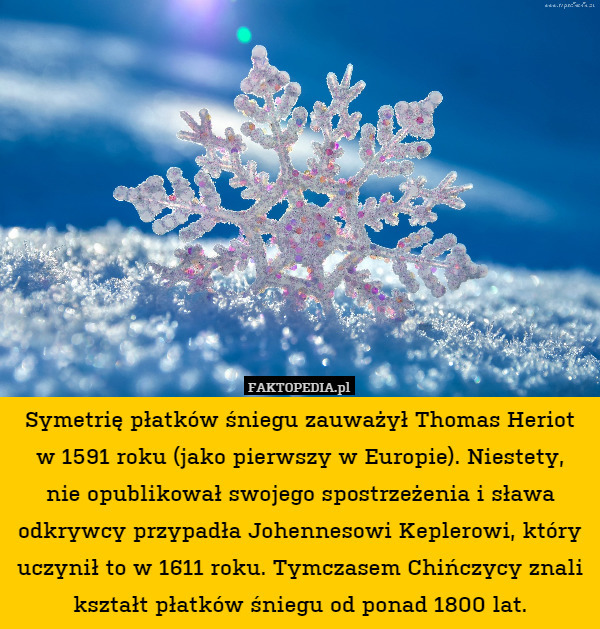 Symetrię płatków śniegu zauważył Thomas Heriot
w 1591 roku (jako pierwszy w Europie). Niestety,
nie opublikował swojego spostrzeżenia i sława odkrywcy przypadła Johennesowi Keplerowi, który uczynił to w 1611 roku. Tymczasem Chińczycy znali kształt płatków śniegu od ponad 1800 lat. 