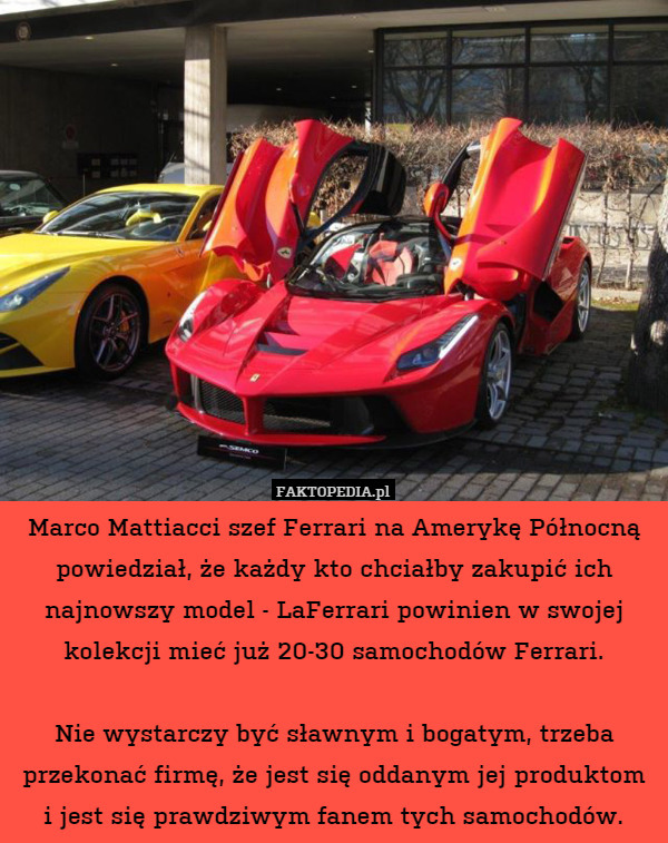 Marco Mattiacci szef Ferrari na Amerykę Północną powiedział, że każdy kto chciałby zakupić ich najnowszy model - LaFerrari powinien w swojej kolekcji mieć już 20-30 samochodów Ferrari.

Nie wystarczy być sławnym i bogatym, trzeba przekonać firmę, że jest się oddanym jej produktom
i jest się prawdziwym fanem tych samochodów. 