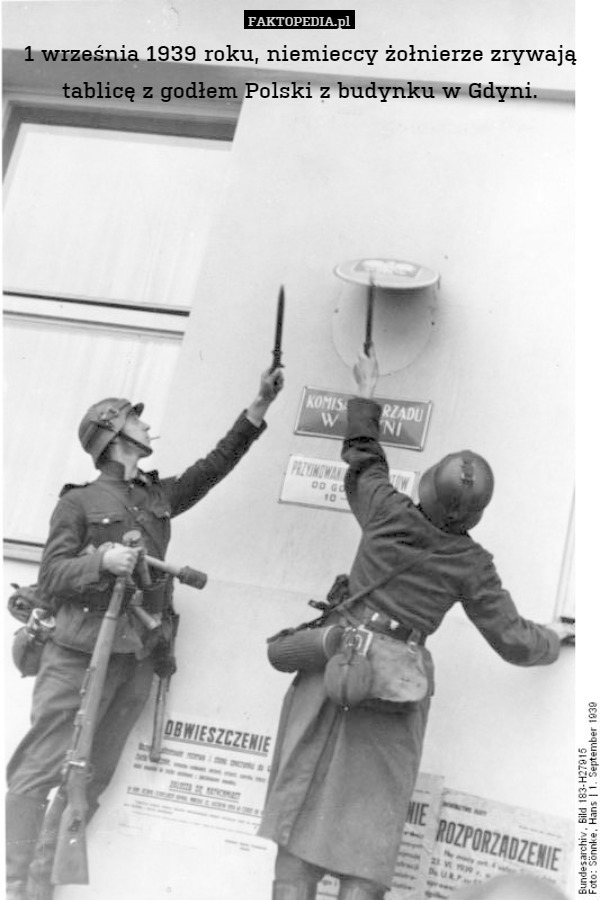 1 września 1939 roku, niemieccy żołnierze zrywają tablicę z godłem Polski z budynku w Gdyni. 