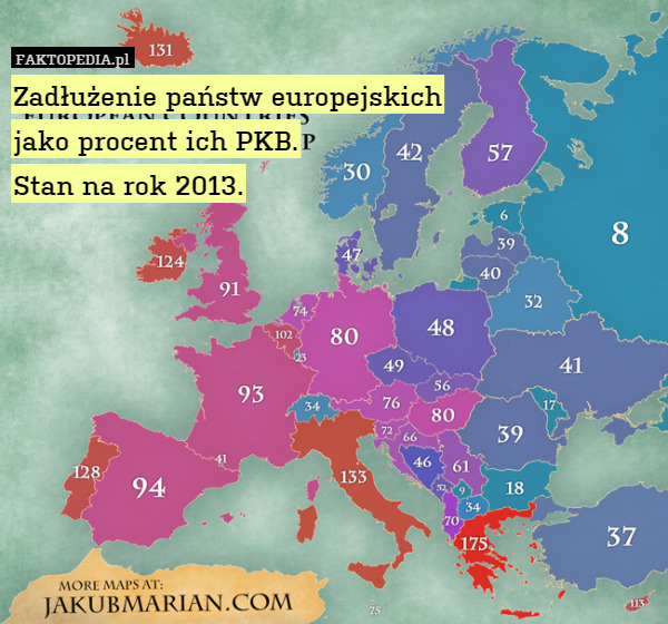 Zadłużenie państw europejskich
jako procent ich PKB.
Stan na rok 2013. 