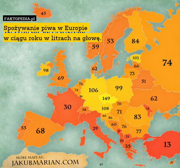 Spożywanie piwa w Europie 
w ciągu roku w litrach na głowę. 