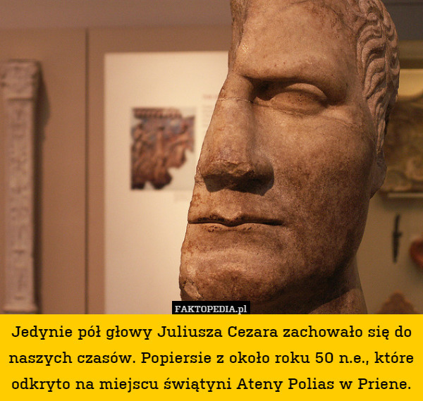 Jedynie pół głowy Juliusza Cezara zachowało się do naszych czasów. Popiersie z około roku 50 n.e., które odkryto na miejscu świątyni Ateny Polias w Priene. 