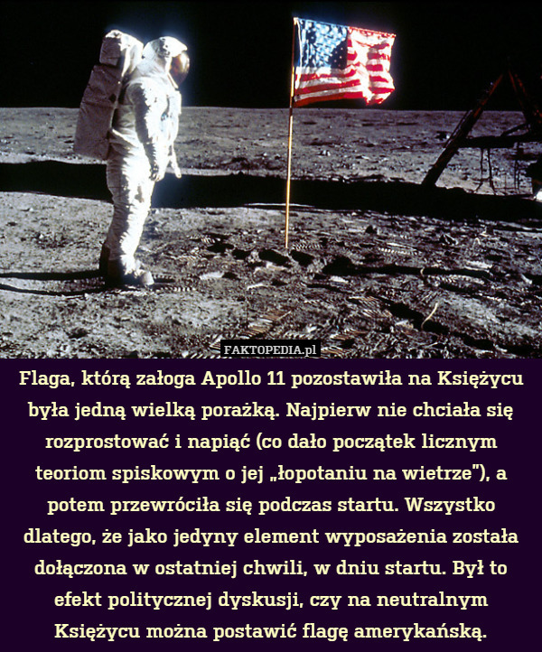 Flaga, którą załoga Apollo 11 pozostawiła na Księżycu była jedną wielką porażką. Najpierw nie chciała się rozprostować i napiąć (co dało początek licznym teoriom spiskowym o jej „łopotaniu na wietrze”), a potem przewróciła się podczas startu. Wszystko dlatego, że jako jedyny element wyposażenia została dołączona w ostatniej chwili, w dniu startu. Był to efekt politycznej dyskusji, czy na neutralnym Księżycu można postawić flagę amerykańską. 