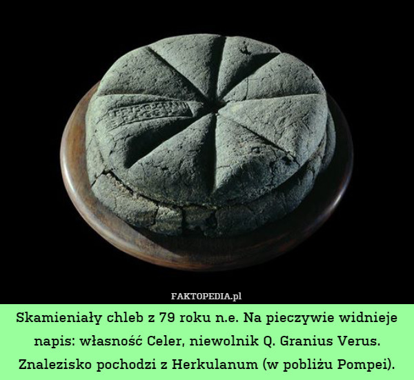 Skamieniały chleb z 79 roku n.e. Na pieczywie widnieje napis: własność Celer, niewolnik Q. Granius Verus. Znalezisko pochodzi z Herkulanum (w pobliżu Pompei). 