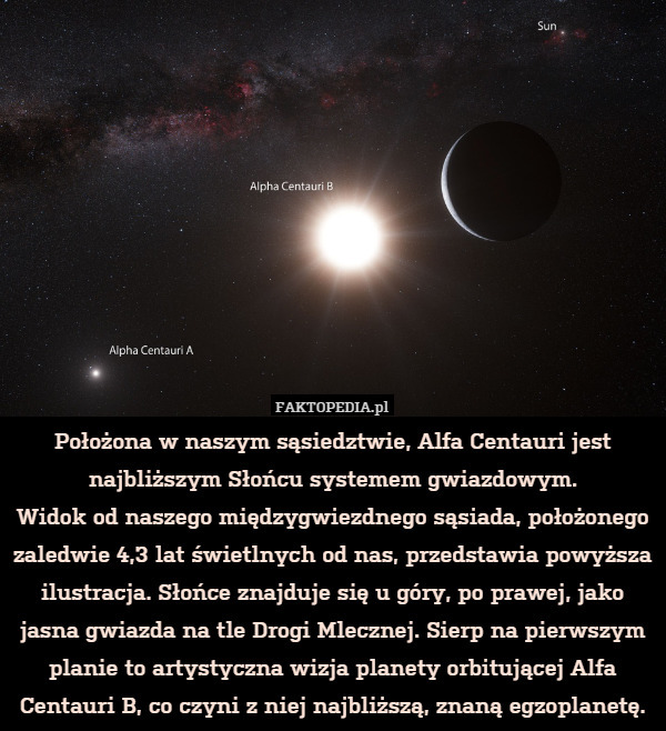 Położona w naszym sąsiedztwie, Alfa Centauri jest najbliższym Słońcu systemem gwiazdowym.
Widok od naszego międzygwiezdnego sąsiada, położonego zaledwie 4,3 lat świetlnych od nas, przedstawia powyższa ilustracja. Słońce znajduje się u góry, po prawej, jako jasna gwiazda na tle Drogi Mlecznej. Sierp na pierwszym planie to artystyczna wizja planety orbitującej Alfa Centauri B, co czyni z niej najbliższą, znaną egzoplanetę. 