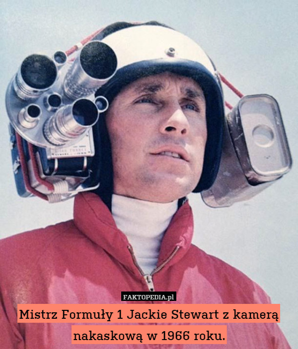 Mistrz Formuły 1 Jackie Stewart z kamerą nakaskową w 1966 roku. 