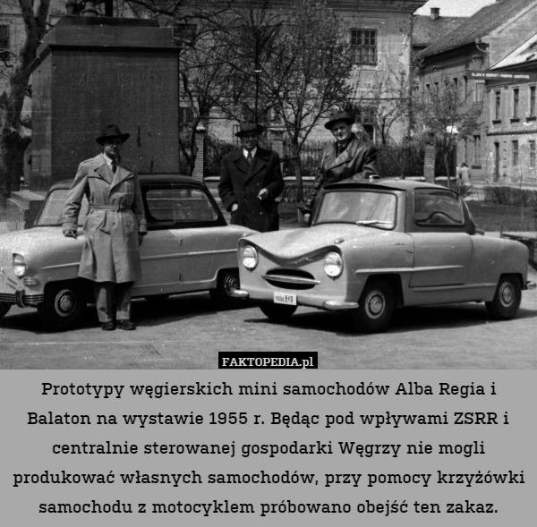 Prototypy węgierskich mini samochodów Alba Regia i Balaton na wystawie 1955 r. Będąc pod wpływami ZSRR i centralnie sterowanej gospodarki Węgrzy nie mogli produkować własnych samochodów, przy pomocy krzyżówki samochodu z motocyklem próbowano obejść ten zakaz. 