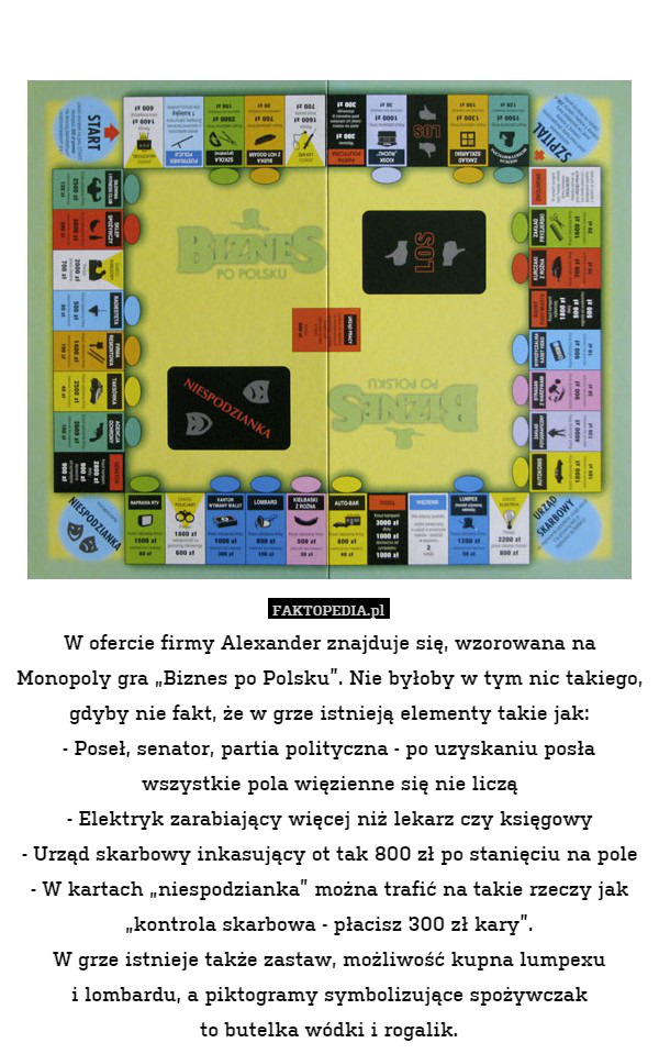 W ofercie firmy Alexander znajduje się, wzorowana na Monopoly gra „Biznes po Polsku”. Nie byłoby w tym nic takiego, gdyby nie fakt, że w grze istnieją elementy takie jak:
- Poseł, senator, partia polityczna - po uzyskaniu posła wszystkie pola więzienne się nie liczą
- Elektryk zarabiający więcej niż lekarz czy księgowy
- Urząd skarbowy inkasujący ot tak 800 zł po stanięciu na pole
- W kartach „niespodzianka” można trafić na takie rzeczy jak „kontrola skarbowa - płacisz 300 zł kary”.
W grze istnieje także zastaw, możliwość kupna lumpexu
i lombardu, a piktogramy symbolizujące spożywczak
to butelka wódki i rogalik. 