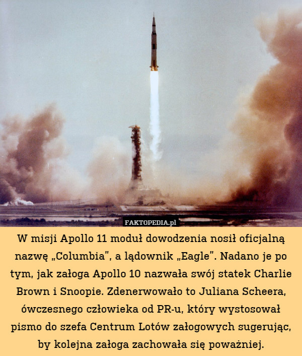W misji Apollo 11 moduł dowodzenia nosił oficjalną nazwę „Columbia”, a lądownik „Eagle”. Nadano je po tym, jak załoga Apollo 10 nazwała swój statek Charlie Brown i Snoopie. Zdenerwowało to Juliana Scheera, ówczesnego człowieka od PR-u, który wystosował pismo do szefa Centrum Lotów załogowych sugerując, by kolejna załoga zachowała się poważniej. 