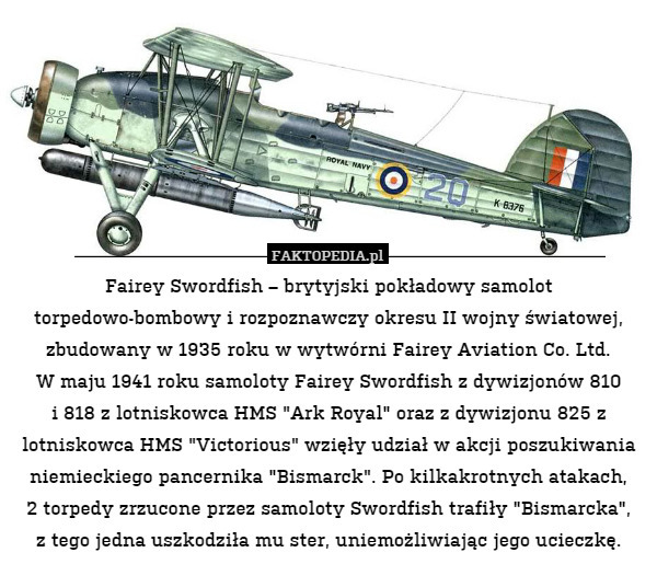 Fairey Swordfish – brytyjski pokładowy samolot torpedowo-bombowy i rozpoznawczy okresu II wojny światowej, zbudowany w 1935 roku w wytwórni Fairey Aviation Co. Ltd.
W maju 1941 roku samoloty Fairey Swordfish z dywizjonów 810
i 818 z lotniskowca HMS "Ark Royal" oraz z dywizjonu 825 z lotniskowca HMS "Victorious" wzięły udział w akcji poszukiwania niemieckiego pancernika "Bismarck". Po kilkakrotnych atakach,
2 torpedy zrzucone przez samoloty Swordfish trafiły "Bismarcka",
z tego jedna uszkodziła mu ster, uniemożliwiając jego ucieczkę. 