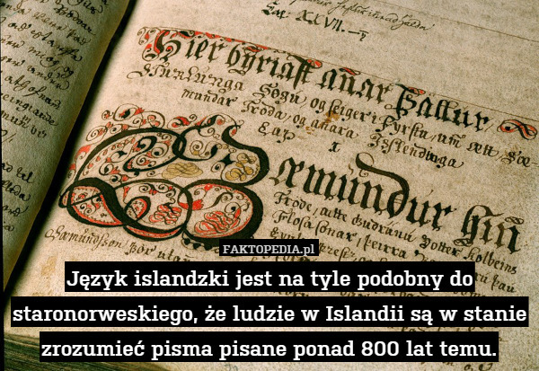 Język islandzki jest na tyle podobny do staronorweskiego, że ludzie w Islandii są w stanie zrozumieć pisma pisane ponad 800 lat temu. 