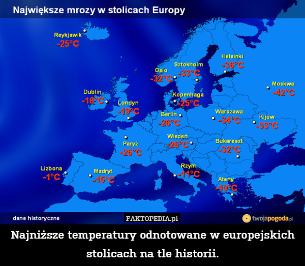 Najniższe temperatury odnotowane w europejskich stolicach na tle historii. 