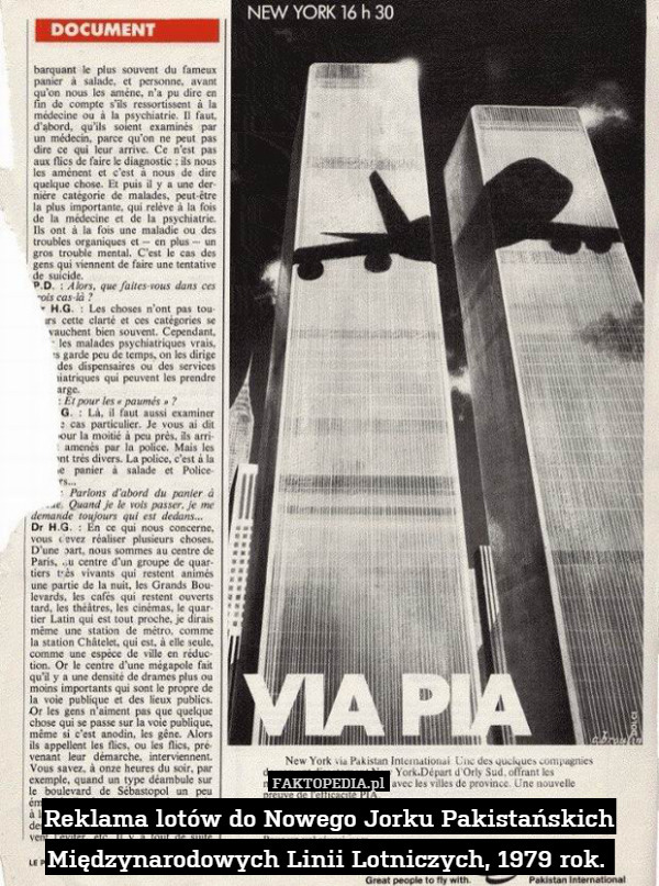 Reklama lotów do Nowego Jorku Pakistańskich Międzynarodowych Linii Lotniczych, 1979 rok. 