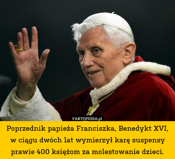Poprzednik papieża Franciszka, Benedykt XVI, w ciągu dwóch lat wymierzył karę suspensy prawie 400 księżom za molestowanie dzieci. 