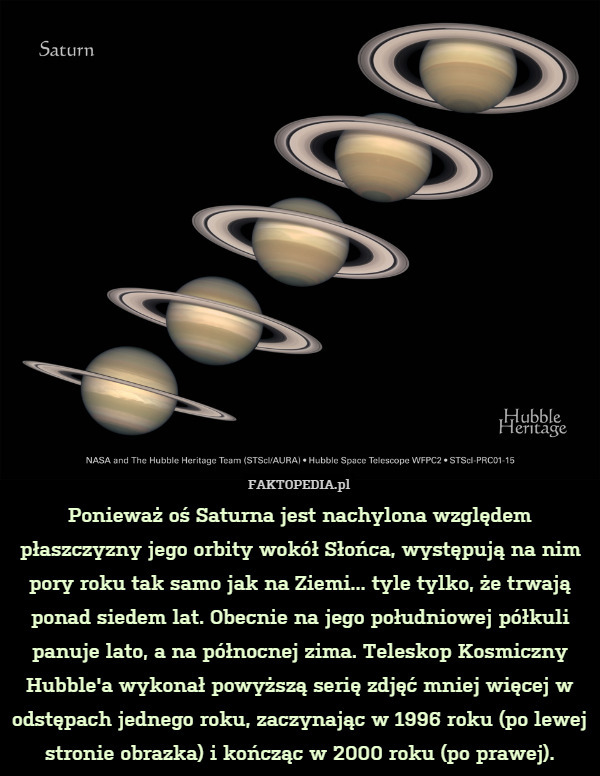 Ponieważ oś Saturna jest nachylona względem płaszczyzny jego orbity wokół Słońca, występują na nim pory roku tak samo jak na Ziemi... tyle tylko, że trwają ponad siedem lat. Obecnie na jego południowej półkuli panuje lato, a na północnej zima. Teleskop Kosmiczny Hubble&apos;a wykonał powyższą serię zdjęć mniej więcej w odstępach jednego roku, zaczynając w 1996 roku (po lewej stronie obrazka) i kończąc w 2000 roku (po prawej). 