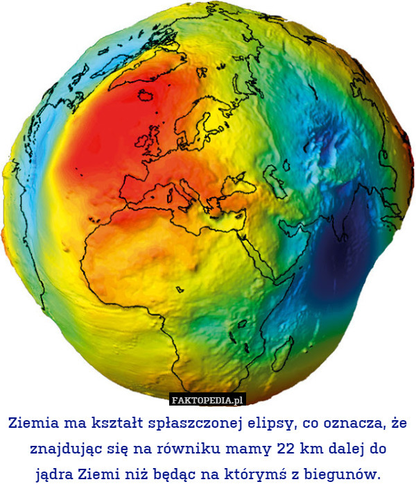 Ziemia ma kształt spłaszczonej elipsy, co oznacza, że znajdując się na równiku mamy 22 km dalej do jądra Ziemi niż będąc na którymś z biegunów. 