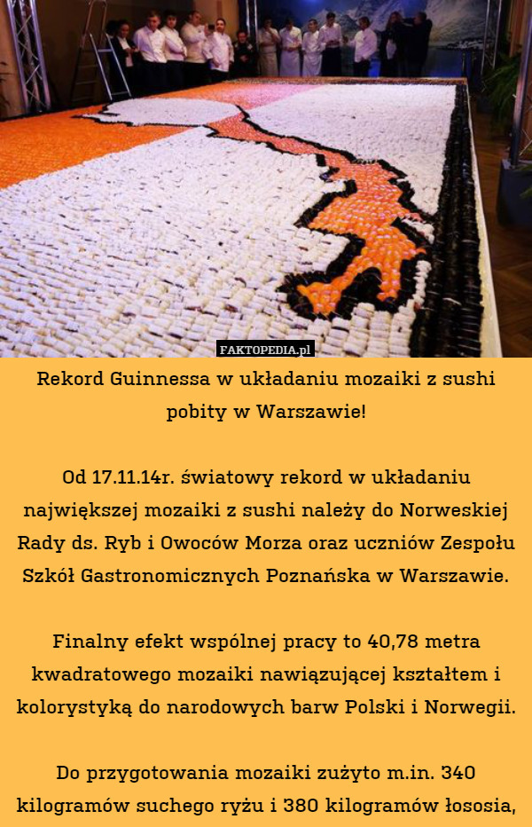 Rekord Guinnessa w układaniu mozaiki z sushi pobity w Warszawie!

Od 17.11.14r. światowy rekord w układaniu największej mozaiki z sushi należy do Norweskiej Rady ds. Ryb i Owoców Morza oraz uczniów Zespołu Szkół Gastronomicznych Poznańska w Warszawie.

Finalny efekt wspólnej pracy to 40,78 metra kwadratowego mozaiki nawiązującej kształtem i kolorystyką do narodowych barw Polski i Norwegii.

Do przygotowania mozaiki zużyto m.in. 340 kilogramów suchego ryżu i 380 kilogramów łososia, 