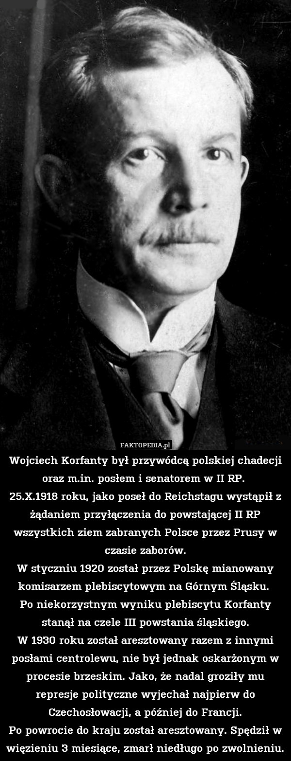 Wojciech Korfanty był przywódcą polskiej chadecji oraz m.in. posłem i senatorem w II RP. 
25.X.1918 roku, jako poseł do Reichstagu wystąpił z żądaniem przyłączenia do powstającej II RP wszystkich ziem zabranych Polsce przez Prusy w czasie zaborów.
W styczniu 1920 został przez Polskę mianowany komisarzem plebiscytowym na Górnym Śląsku. 
Po niekorzystnym wyniku plebiscytu Korfanty stanął na czele III powstania śląskiego.
W 1930 roku został aresztowany razem z innymi posłami centrolewu, nie był jednak oskarżonym w procesie brzeskim. Jako, że nadal groziły mu represje polityczne wyjechał najpierw do Czechosłowacji, a później do Francji.
Po powrocie do kraju został aresztowany. Spędził w więzieniu 3 miesiące, zmarł niedługo po zwolnieniu. 