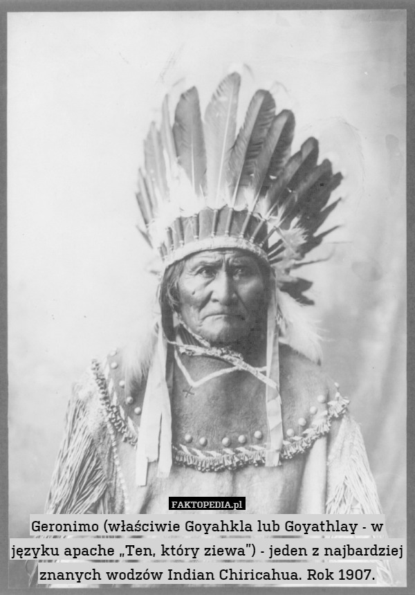 Geronimo (właściwie Goyahkla lub Goyathlay - w języku apache „Ten, który ziewa”) - jeden z najbardziej znanych wodzów Indian Chiricahua. Rok 1907. 