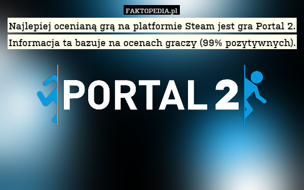 Najlepiej ocenianą grą na platformie Steam jest gra Portal 2. Informacja ta bazuje na ocenach graczy (99% pozytywnych). 