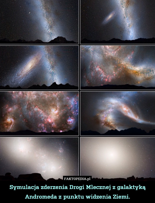 Symulacja zderzenia Drogi Mlecznej z galaktyką Andromeda z punktu widzenia Ziemi. 