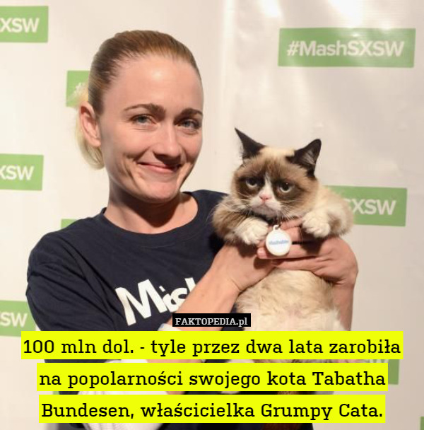 100 mln dol. - tyle przez dwa lata zarobiła na popolarności swojego kota Tabatha Bundesen, właścicielka Grumpy Cata. 