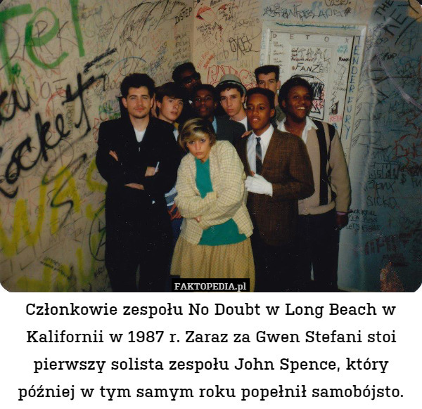 Członkowie zespołu No Doubt w Long Beach w Kalifornii w 1987 r. Zaraz za Gwen Stefani stoi pierwszy solista zespołu John Spence, który później w tym samym roku popełnił samobójsto. 
