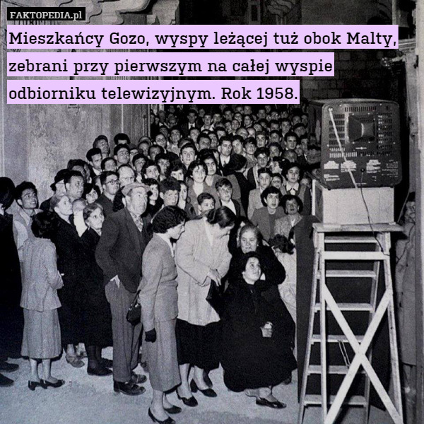 Mieszkańcy Gozo, wyspy leżącej tuż obok Malty, zebrani przy pierwszym na całej wyspie odbiorniku telewizyjnym. Rok 1958. 