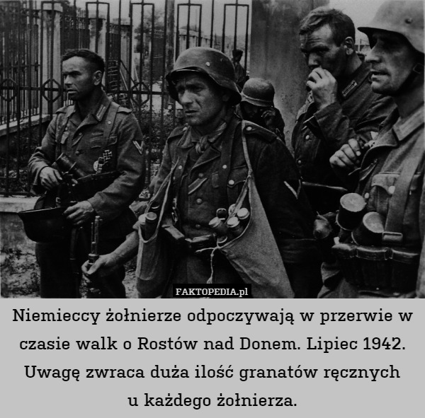 Niemieccy żołnierze odpoczywają w przerwie w czasie walk o Rostów nad Donem. Lipiec 1942. Uwagę zwraca duża ilość granatów ręcznych
u każdego żołnierza. 