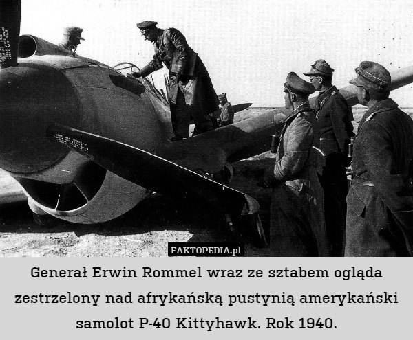 Generał Erwin Rommel wraz ze sztabem ogląda zestrzelony nad afrykańską pustynią amerykański samolot P-40 Kittyhawk. Rok 1940. 