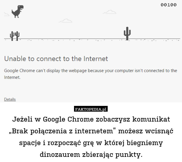Jeżeli w Google Chrome zobaczysz komunikat „Brak połączenia z internetem” możesz wcisnąć spacje i rozpocząć grę w której biegniemy dinozaurem zbierając punkty. 