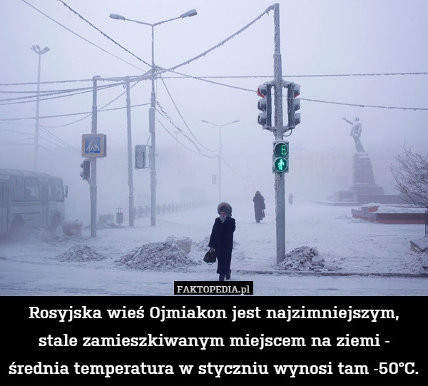 Rosyjska wieś Ojmiakon jest najzimniejszym, stale zamieszkiwanym miejscem na ziemi - średnia temperatura w styczniu wynosi tam -50°C. 