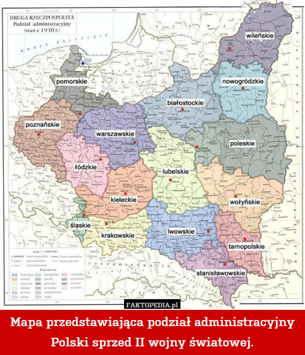 Mapa przedstawiająca podział administracyjny Polski sprzed II wojny światowej. 