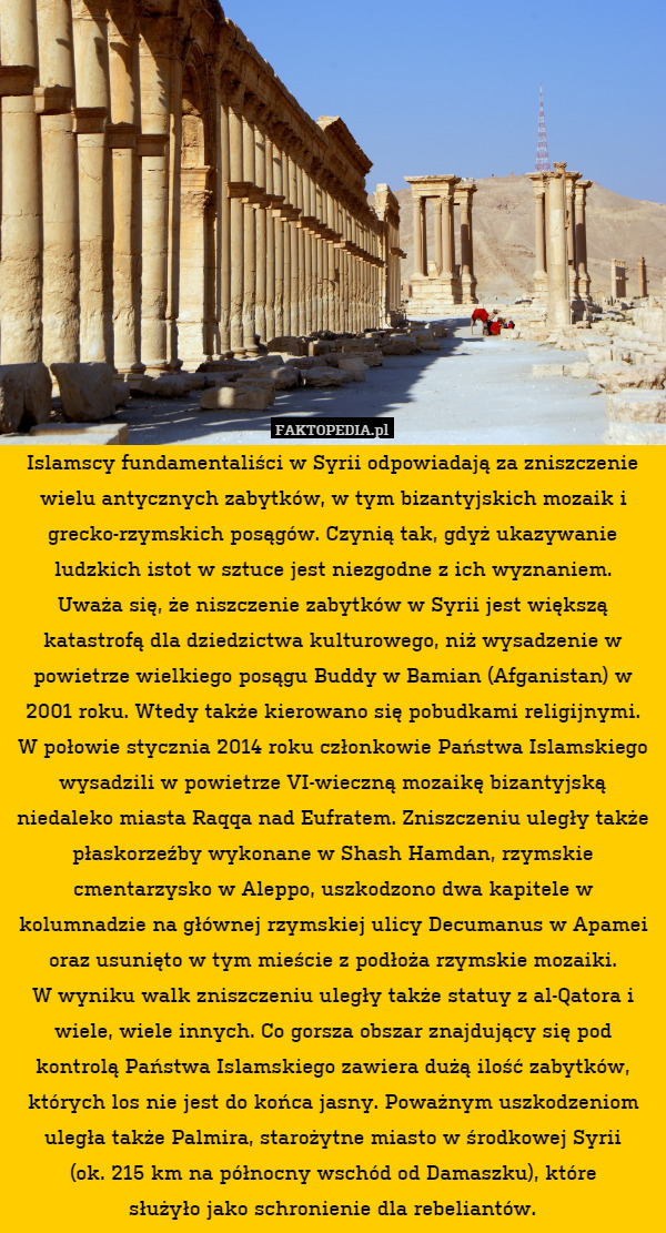 Islamscy fundamentaliści w Syrii odpowiadają za zniszczenie wielu antycznych zabytków, w tym bizantyjskich mozaik i grecko-rzymskich posągów. Czynią tak, gdyż ukazywanie ludzkich istot w sztuce jest niezgodne z ich wyznaniem.
Uważa się, że niszczenie zabytków w Syrii jest większą katastrofą dla dziedzictwa kulturowego, niż wysadzenie w powietrze wielkiego posągu Buddy w Bamian (Afganistan) w 2001 roku. Wtedy także kierowano się pobudkami religijnymi.
W połowie stycznia 2014 roku członkowie Państwa Islamskiego wysadzili w powietrze VI-wieczną mozaikę bizantyjską niedaleko miasta Raqqa nad Eufratem. Zniszczeniu uległy także płaskorzeźby wykonane w Shash Hamdan, rzymskie cmentarzysko w Aleppo, uszkodzono dwa kapitele w kolumnadzie na głównej rzymskiej ulicy Decumanus w Apamei oraz usunięto w tym mieście z podłoża rzymskie mozaiki.
W wyniku walk zniszczeniu uległy także statuy z al-Qatora i wiele, wiele innych. Co gorsza obszar znajdujący się pod kontrolą Państwa Islamskiego zawiera dużą ilość zabytków, których los nie jest do końca jasny. Poważnym uszkodzeniom uległa także Palmira, starożytne miasto w środkowej Syrii
(ok. 215 km na północny wschód od Damaszku), które
służyło jako schronienie dla rebeliantów. 
