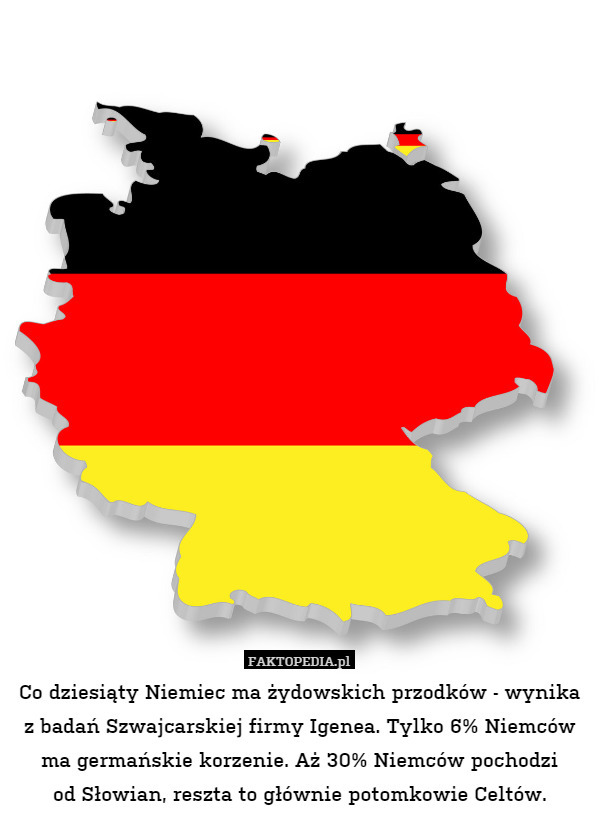Co dziesiąty Niemiec ma żydowskich przodków - wynika z badań Szwajcarskiej firmy Igenea. Tylko 6% Niemców ma germańskie korzenie. Aż 30% Niemców pochodzi
od Słowian, reszta to głównie potomkowie Celtów. 