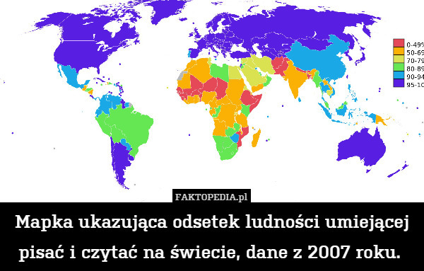 Mapka ukazująca odsetek ludności umiejącej pisać i czytać na świecie, dane z 2007 roku. 