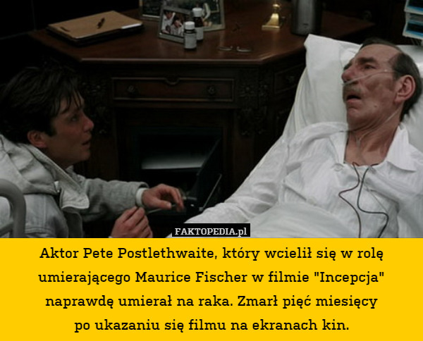 Aktor Pete Postlethwaite, który wcielił się w rolę umierającego Maurice Fischer w filmie "Incepcja" naprawdę umierał na raka. Zmarł pięć miesięcy
po ukazaniu się filmu na ekranach kin. 