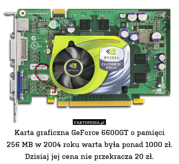 Karta graficzna GeForce 6600GT o pamięci
256 MB w 2004 roku warta była ponad 1000 zł. Dzisiaj jej cena nie przekracza 20 zł. 