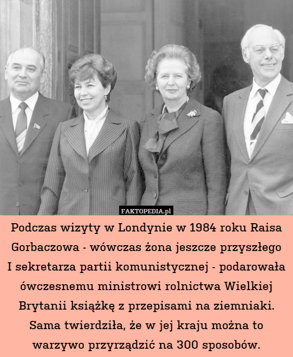 Podczas wizyty w Londynie w 1984 roku Raisa Gorbaczowa - wówczas żona jeszcze przyszłego
I sekretarza partii komunistycznej - podarowała ówczesnemu ministrowi rolnictwa Wielkiej Brytanii książkę z przepisami na ziemniaki. Sama twierdziła, że w jej kraju można to warzywo przyrządzić na 300 sposobów. 